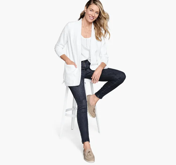 Women RuchedSleeve Knit Blazer White JohnstonandMurphy Shirts Sweaters and Blazers Women RuchedSleeve Knit Blazer White JohnstonandMurphy Shirts Sweaters and Blazers