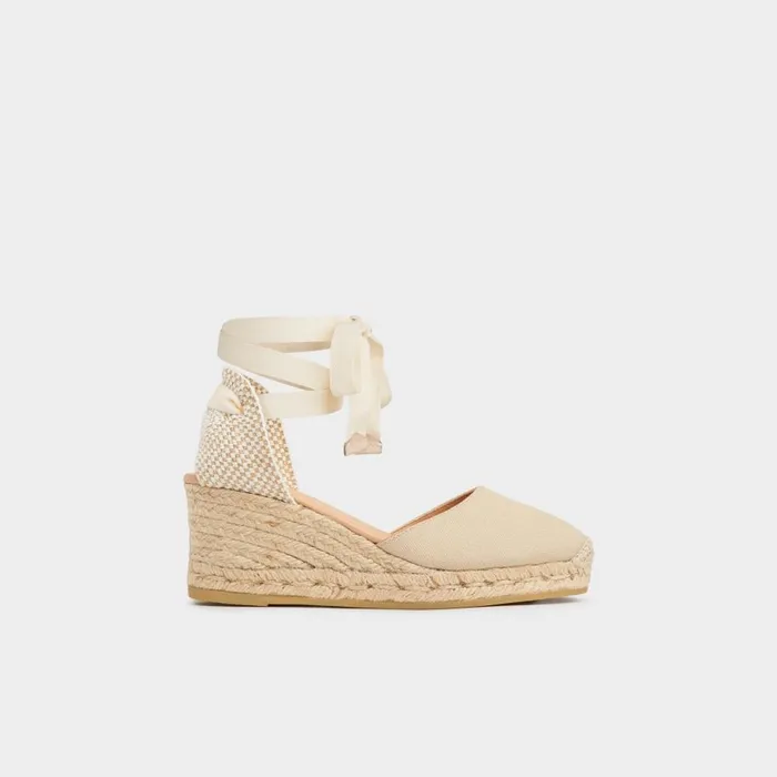 Women Sandals LKBennett Maureene Sand Canvas Espadrille Wedges Beige