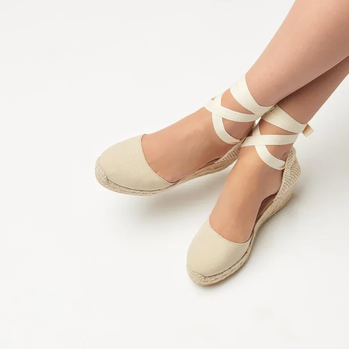 Women Sandals LKBennett Maureene Sand Canvas Espadrille Wedges Beige
