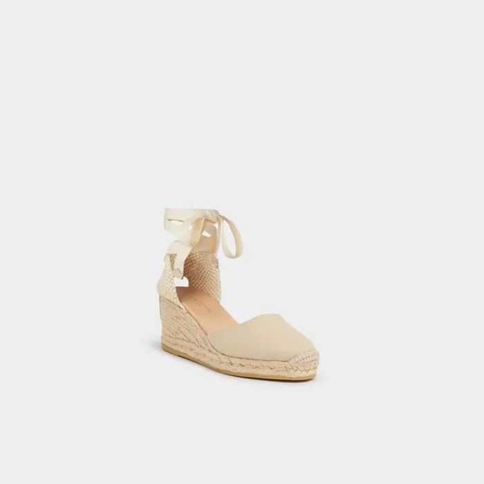 Women Sandals LKBennett Maureene Sand Canvas Espadrille Wedges Beige