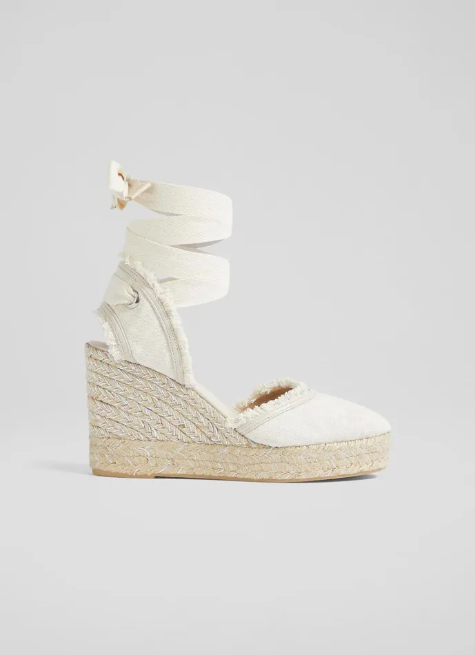 Women Sandals LKBennett Sofia Cream Canvas Espadrille Wedges Ecru