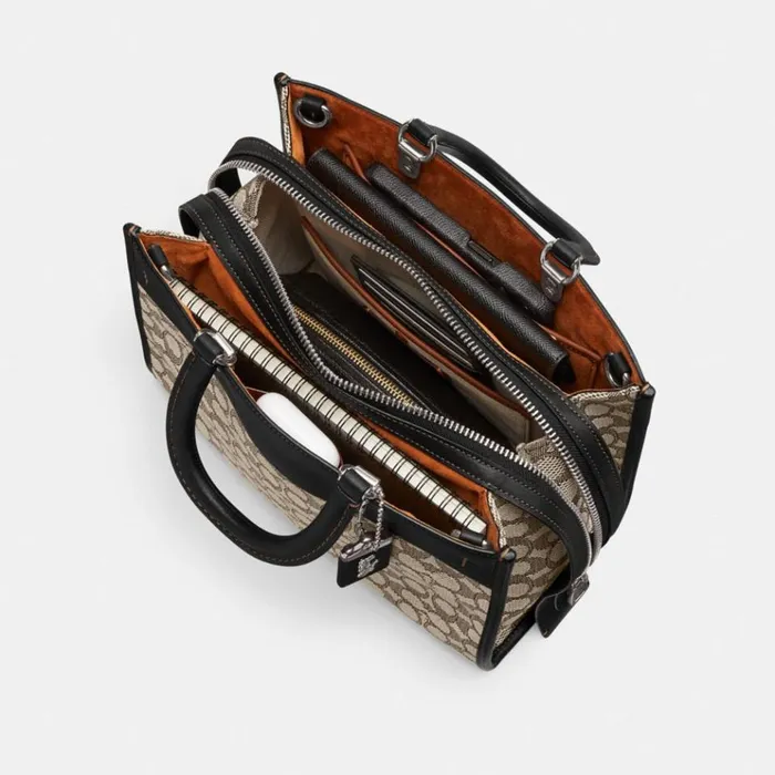 Women Satchels and Top Handles Coach Rogue In Signature Textile Jacquard Silvercocoa Black