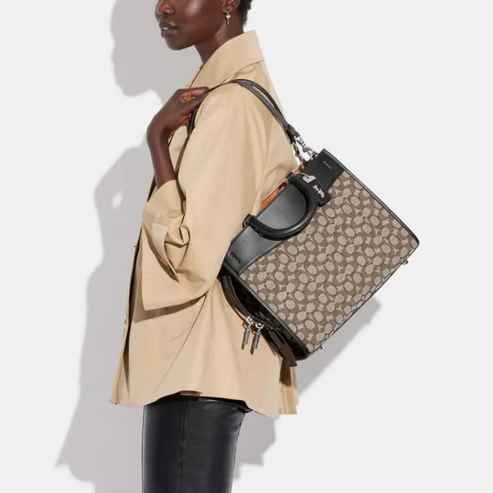 Women Satchels and Top Handles Coach Rogue In Signature Textile Jacquard Silvercocoa Black