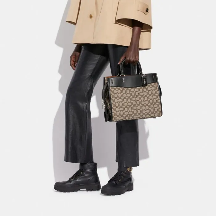 Women Satchels and Top Handles Coach Rogue In Signature Textile Jacquard Silvercocoa Black