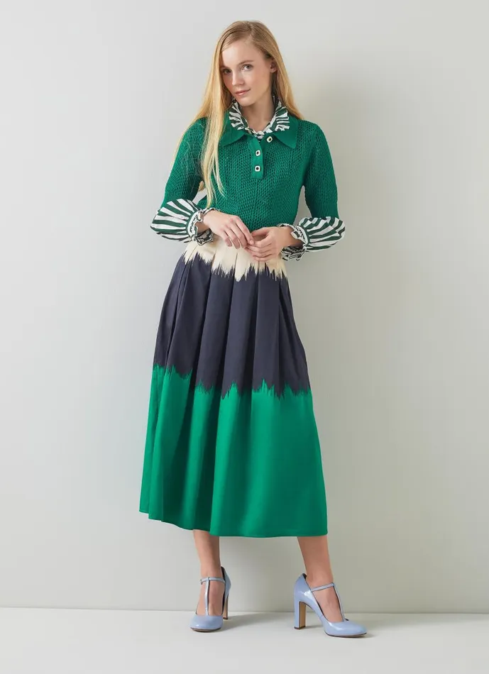 Women Skirts LKBennett Dora Green Navy And Cream Tie Dye Cotton Midi Skirt Multi