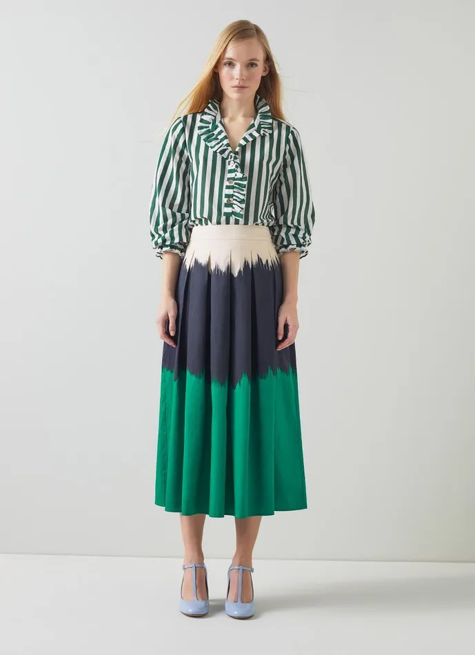 Women Skirts LKBennett Dora Green Navy And Cream Tie Dye Cotton Midi Skirt Multi Women Skirts LKBennett Dora Green Navy And Cream Tie Dye Cotton Midi Skirt Multi