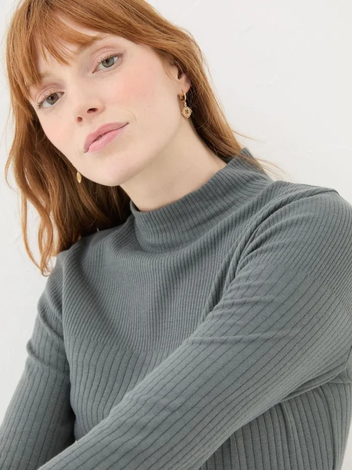 Women Tops and TShirts Fat Face Callie Grey High Neck Rib Top