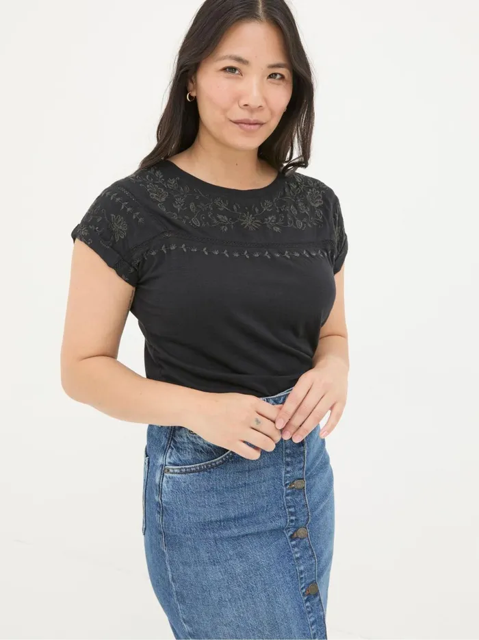 Women Tops and TShirts Fat Face Ivy Black Embroidered TShirt