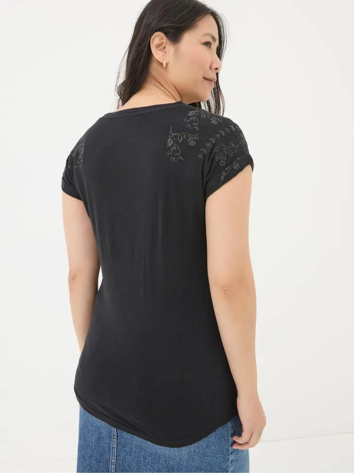 Women Tops and TShirts Fat Face Ivy Black Embroidered TShirt