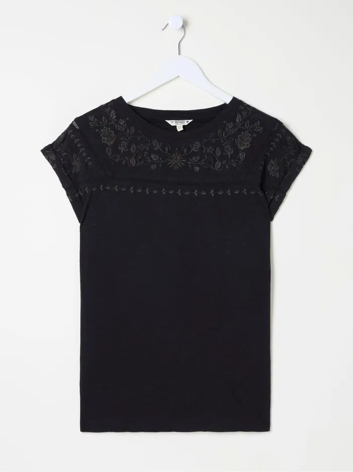Women Tops and TShirts Fat Face Ivy Black Embroidered TShirt