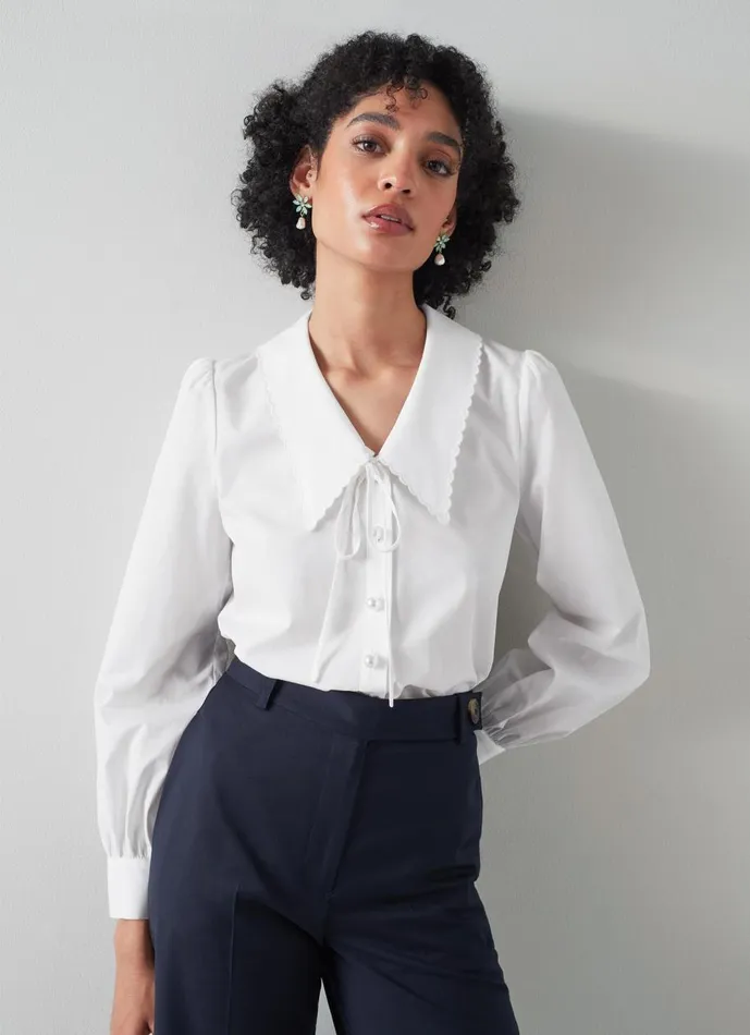 Women Tops LKBennett Beecham White Cotton Collar Blouse White