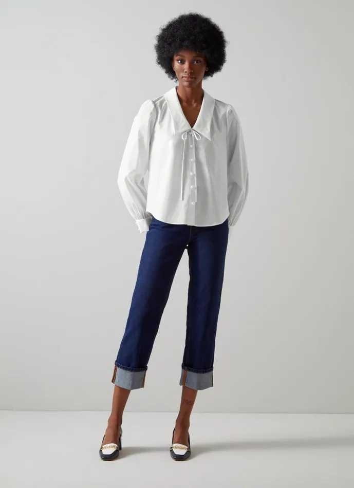 Women Tops LKBennett Beecham White Cotton Collar Blouse White