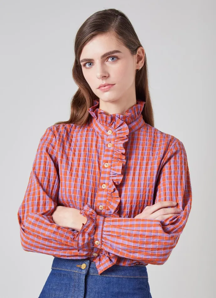 Women Tops LKBennett Camille Purple And Orange Gingham CottonBlend Blouse Orange