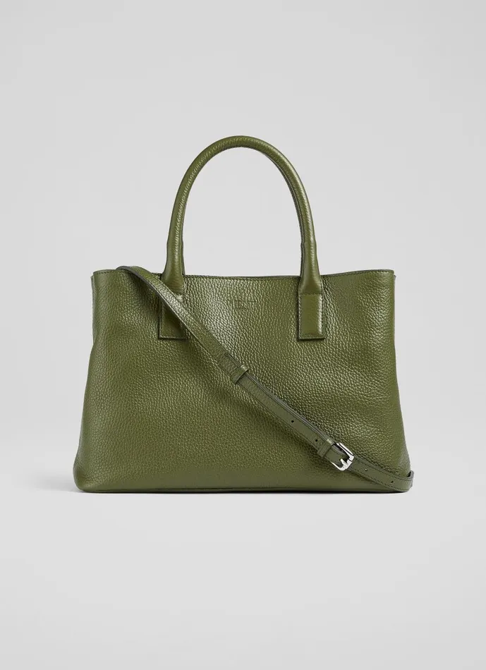 Women Tote Bags LKBennett Lilita Green Grainy Leather Tote Bag