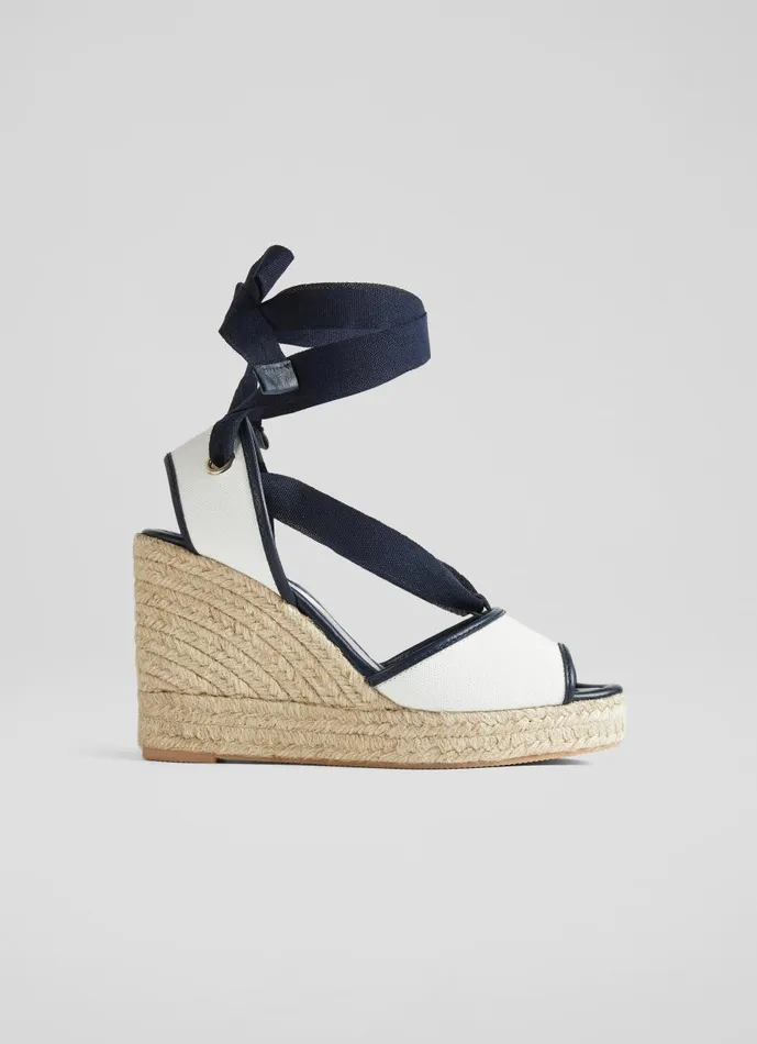 Women Wedges LKBennett Chiara Ecru And Navy Canvas Espadrille Wedges Navy Cream