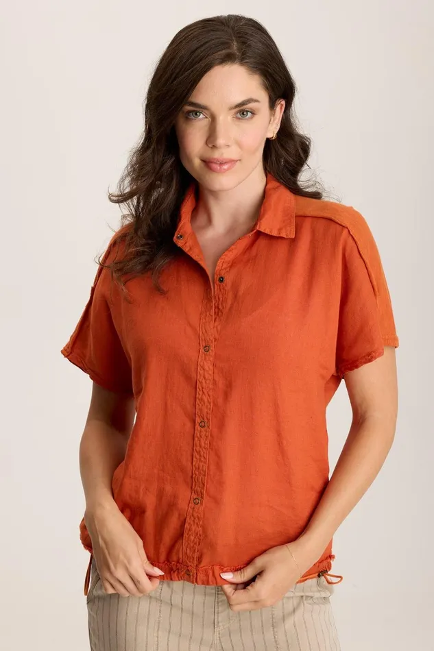 XCVI Inola Linen Cinched ButtonUp Top Women ShirtsBlouses