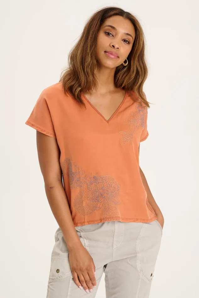 XCVI Jolina Twill VNeck Embroidered Tee Women ShirtsBlouses